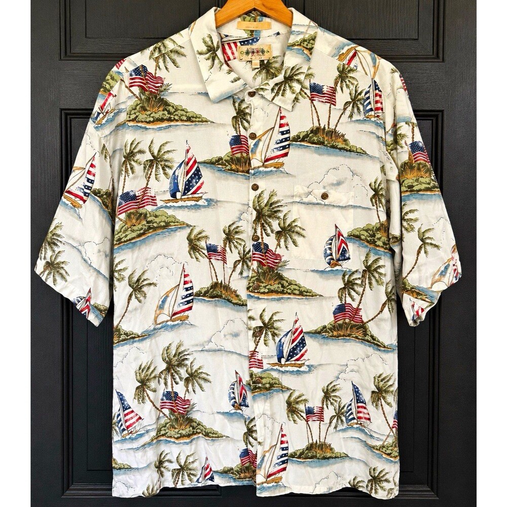 Cobra Cool Men's XL White Rayon Short Sleeve Button-Up Shirt Pockets Sailboat